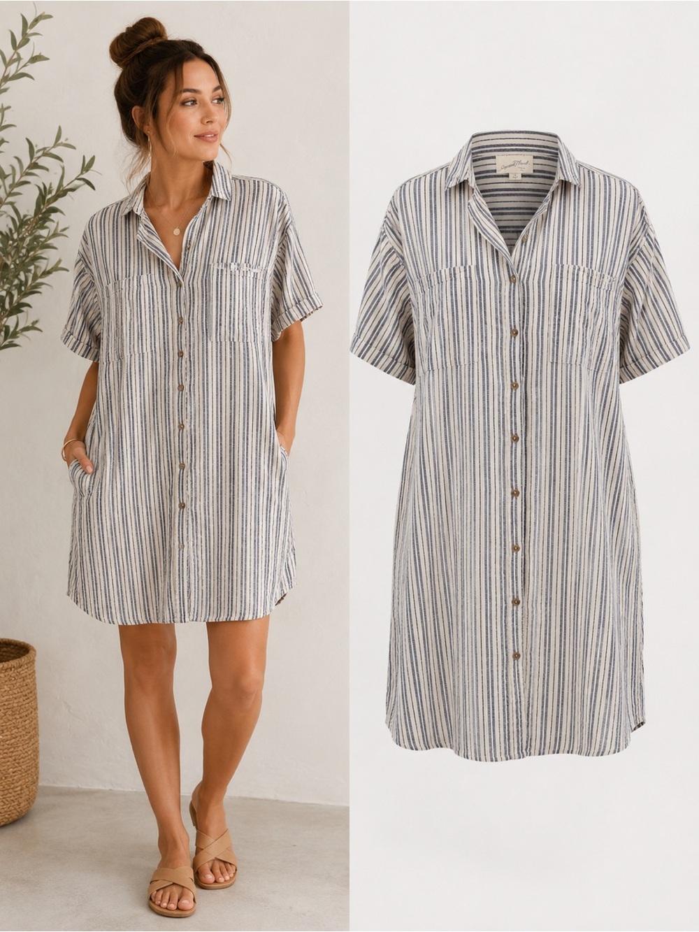 Universal Thread | Linen Blend Striped Shirt Dress Blue Ivory | Size Large